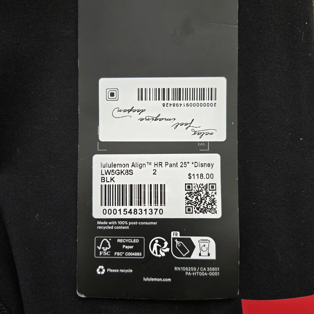 NWT Disney x Lululemon *Align High-Rise Pant 25" Size 2 Black  W5GK8S - Picture 7 of 8